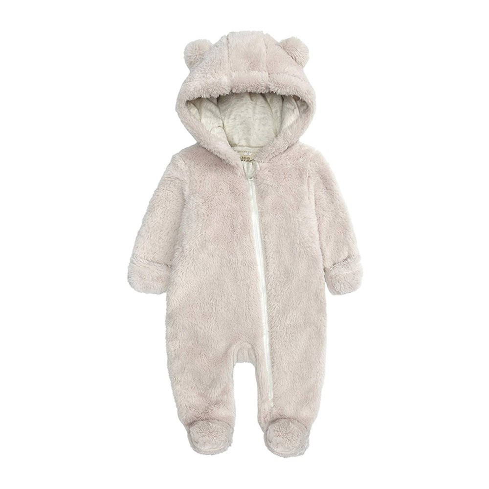 Newborn Baby Snowsuit Fleece Lined Bodysuit Outfits Warm Hooded Romper for Infant Boys Girls Footed (Beige, 3-6 Months)