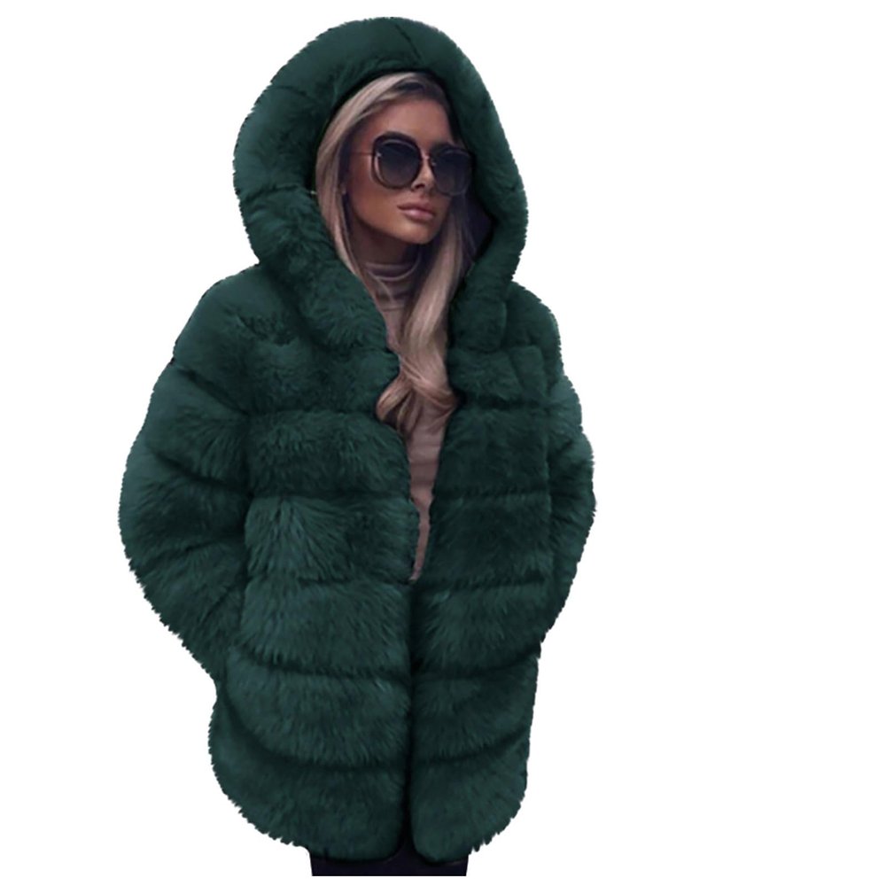 Lmdudan Faux Fur Coat for Women Mid-length Hood Shaggy Warm Jackets Tops 2023 Fall Winter Long Sleeve Outerwear Overcoats