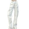 Womens Trendy Cargo Jeans High Waisted Wide Leg Denim Pants Casual Baggy Y2K Teen Girl Streetwear Pants with Pockets White view 1