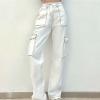 Womens Trendy Cargo Jeans High Waisted Wide Leg Denim Pants Casual Baggy Y2K Teen Girl Streetwear Pants with Pockets White view 2