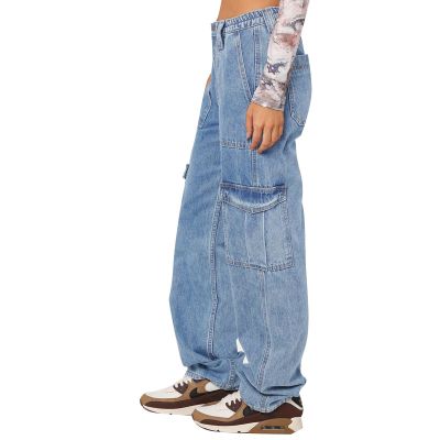 Womens Trendy Cargo Jeans High Waisted Wide Leg Denim Pants Casual Baggy Y2K Teen Girl Streetwear Pants with Pockets Sky Blue