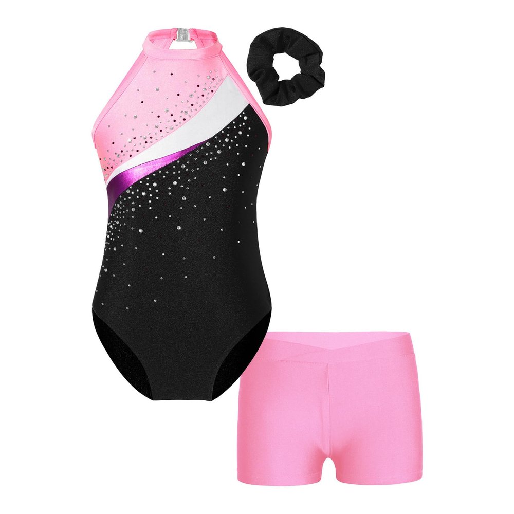 Linjinx Kids Girls Diamond Sleeveless Leotards with Athletic Shorts Sets 2Pcs Tracksuit Gymnastics Dance Outfits Pink G 12 Years