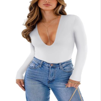 REORIA Long Sleeve Low Cut Thong Bodysuit Shirts For Women Sexy Cute V Neck Double Lined Going Out Tops Fall 2023 White Large