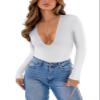 REORIA Long Sleeve Low Cut Thong Bodysuit Shirts For Women Sexy Cute V Neck Double Lined Going Out Tops Fall 2023 White Large view 1