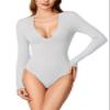 REORIA Long Sleeve Low Cut Thong Bodysuit Shirts For Women Sexy Cute V Neck Double Lined Going Out Tops Fall 2023 White Large view 2
