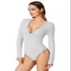 REORIA Long Sleeve Low Cut Thong Bodysuit Shirts For Women Sexy Cute V Neck Double Lined Going Out Tops Fall 2023 White Large view 3