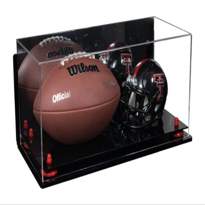 Better Display Cases Acrylic Display Case for Full Size Football and Mini Helmet with Mirror Case, Red Risers, Wall Mount and Black Base - 19.25" x 8.25" x 8" (B47/A103)