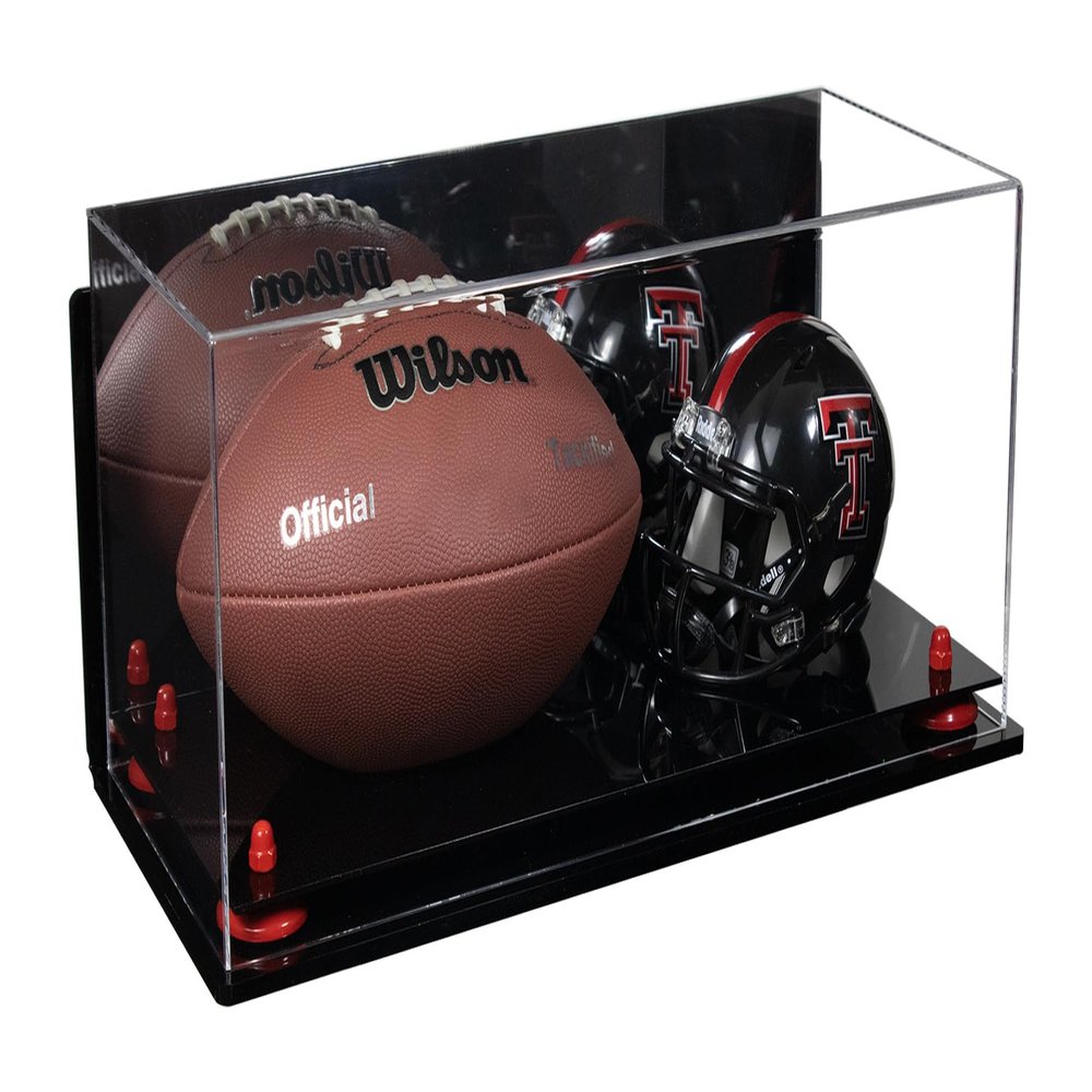 Better Display Cases Acrylic Display Case for Full Size Football and Mini Helmet with Mirror Case, Red Risers, Wall Mount and Black Base - 19.25" x 8.25" x 8" (B47/A103)