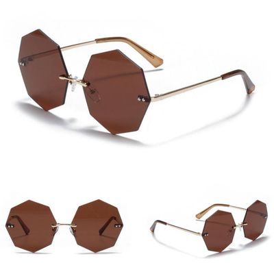 MUTYNE Rimless Octagon Sunglasses Women Retro Metal Frameless Polygon Glasses For Ladies Green Purple Uv400,gold with brown,One size