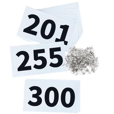 UISKOOPW Tyvek Race Bibs Running Numbers with Safety Pins, Audition Numbers|Tryout Numbers 1-500 for Marathon Runners Events Sports Games (White [4"x7"] 201-300)