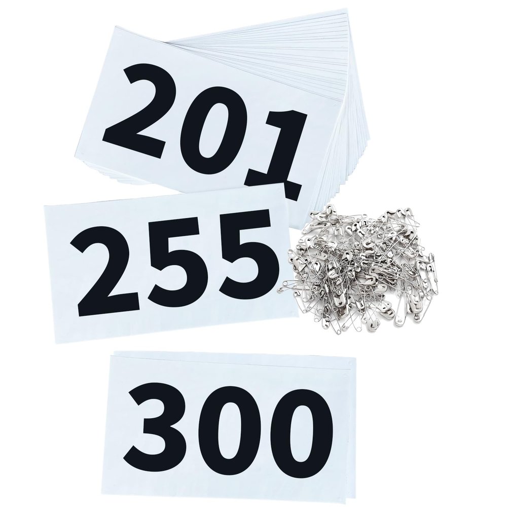 UISKOOPW Tyvek Race Bibs Running Numbers with Safety Pins, Audition Numbers|Tryout Numbers 1-500 for Marathon Runners Events Sports Games (White [4"x7"] 201-300)