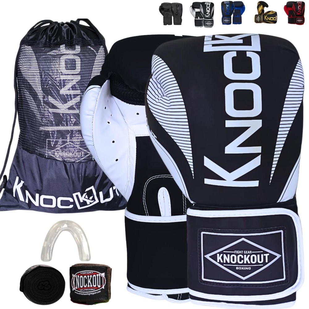 Knockout Elite Boxing Gloves 8-16 oz for Men & Women with Wraps & Mouth Guard - Ideal for Muay Thai, Kickboxing, Adult Heavy Punching Bag Gloves Training - Durable, Comfortable & Protective