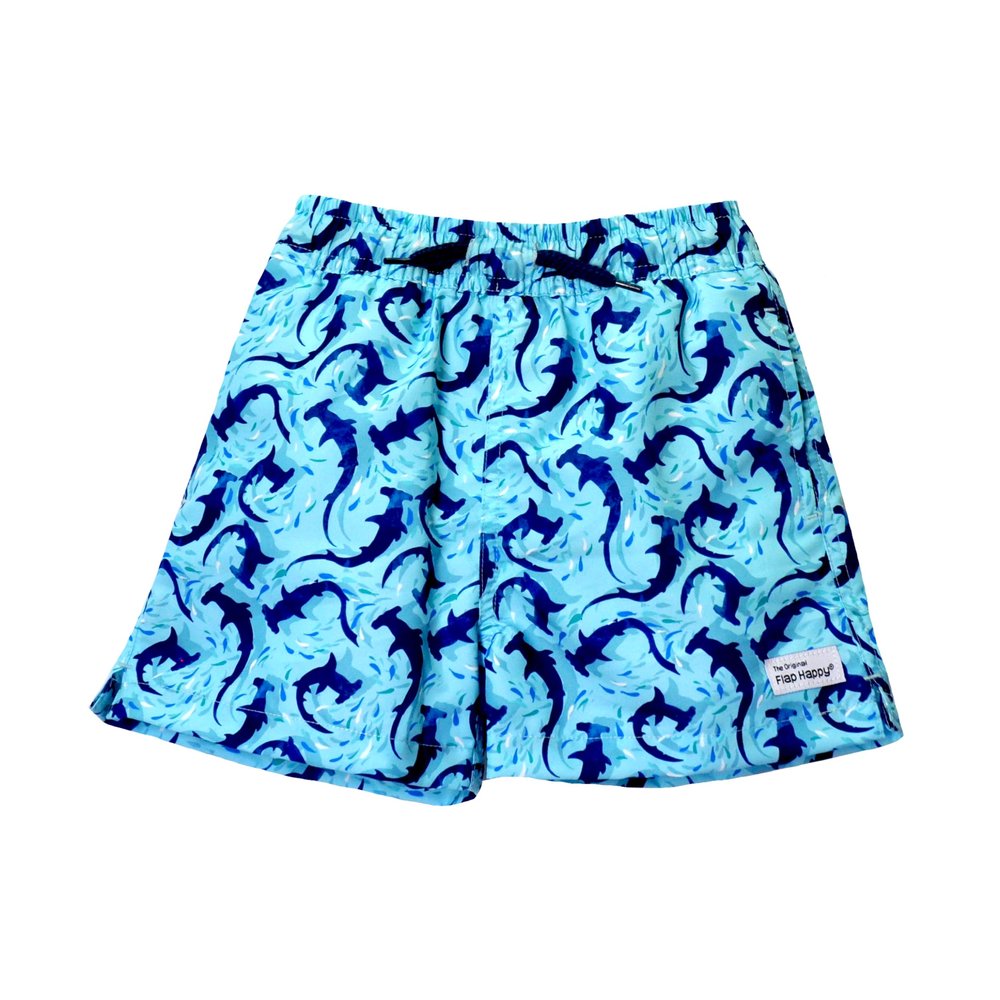 Flap Happy Baby Boy's UPF 50+ Wesley Swim Trunks with Mesh Liner, Swirly Sharks