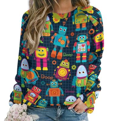 Cute Robots Women's Sweatshirt Long Sleeve Round Neck Pullover Hoodies Tops Casual Sweaters XL