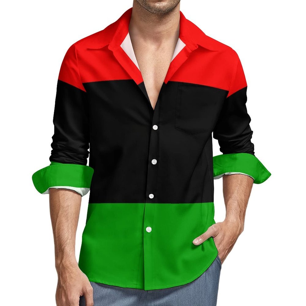 Pan African Flag Hawaiian Shirt for Men Long Sleeve Button Down Summer Tee Shirts Tops XL