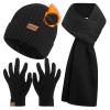 3PCS Winter Beanie Hat Scarf Touchscreen Gloves Set for Men and Women, Knitted Fleece Lined Hats Thermal Gloves Long Scarf(Black) view 1