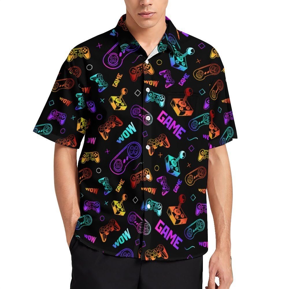 AMHebe Hawaiian Shirts Casual Button Down Short Sleeve Beach for Men (X-Small, Gamepad Icon)