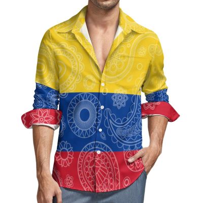Colombian Paisley Flag Men's Long-Sleeve Button Down Shirts Hawaiian Beach Shirt Casual Blouse Top M