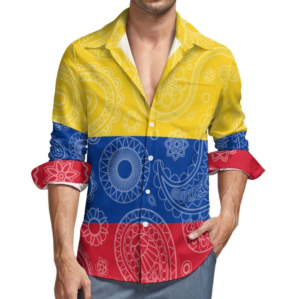 Colombian Paisley Flag Men's Long-Sleeve Button Down Shirts Hawaiian Beach Shirt Casual Blouse Top M