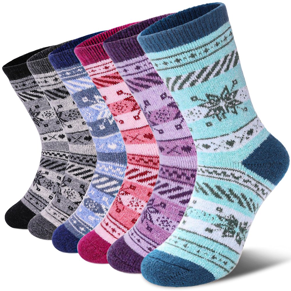 DOSKONI Kids Merino Wool Hiking Socks for Boys Girls Toddlers Thermal Winter Warm Thick Crew Boot Snowboarding Gift Socks 6 Pairs Snowflake B,8-12 Year Old