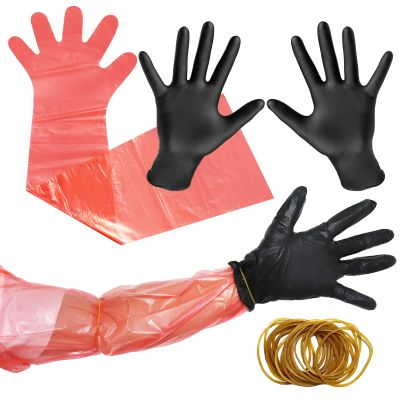 Nirvany 50 Pairs Field Dressing Gloves Deer Hunting Gutting Gloves with Long and Short Dressing Gut Mittens Combo Pack Hunting Cleaning Accessories (50 Pairs Red)