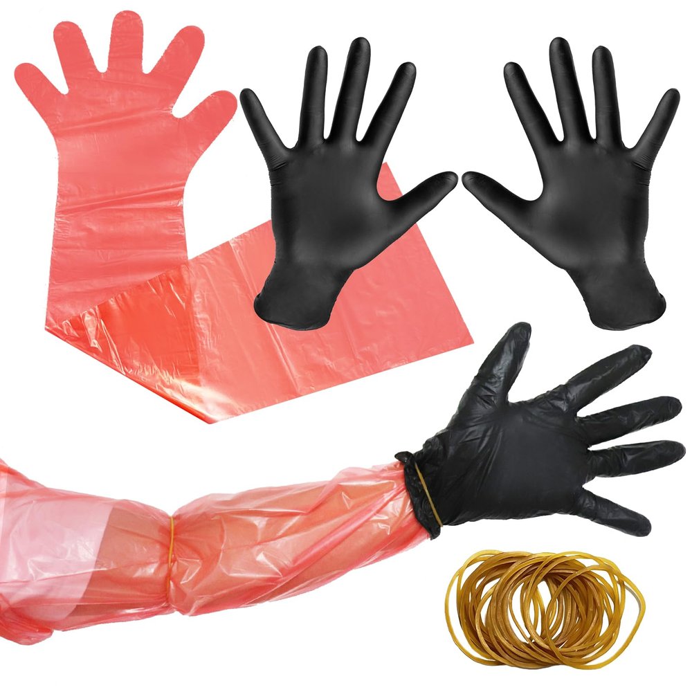 Nirvany 50 Pairs Field Dressing Gloves Deer Hunting Gutting Gloves with Long and Short Dressing Gut Mittens Combo Pack Hunting Cleaning Accessories (50 Pairs Red)