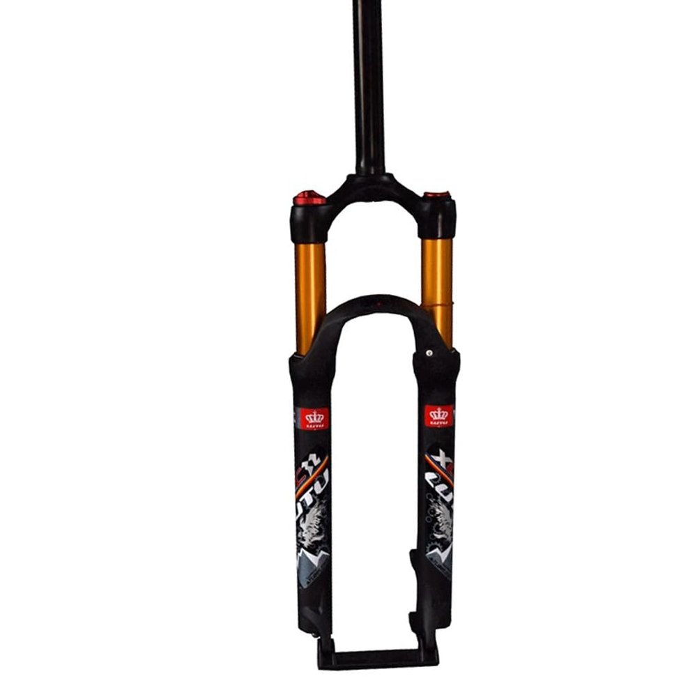 Shoulder Control Mountain Bike Front Fork 29inch, Aluminum Alloy Travel 120mm Straight Tube Threadless Steerer Black (Color : Black Gold Tube, Size : 29)