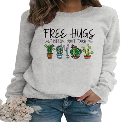 BOFUPAGO Womens Cactus Graphic Sweatshirt Free Hugs Just Kidding Dont Touch Me Shirts Funny Long Sleeve Tops Loose Pullover