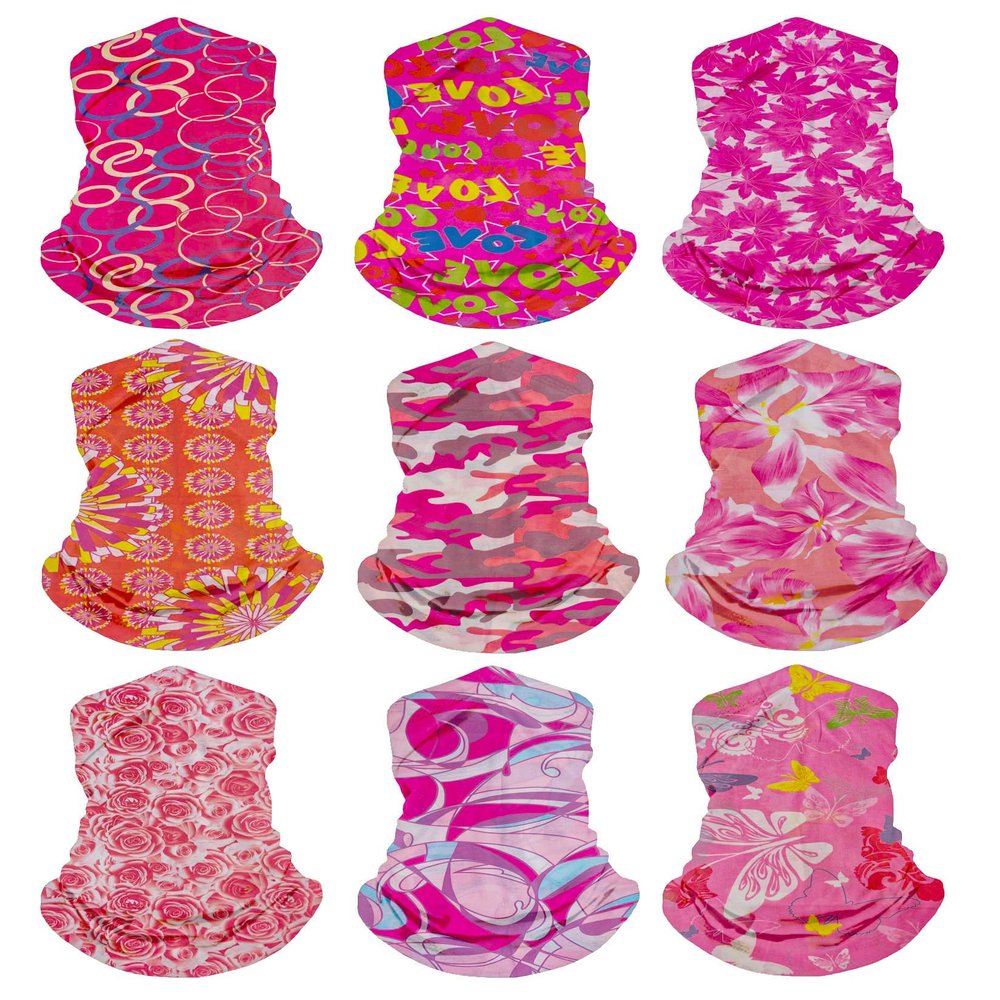 HCMY 9 Pack Headwear Pink Ski Neck Gaiters Tube Bandana Face Mask Head Wrap Headband Scarf Elastic Cooling Balaclava for Men Women