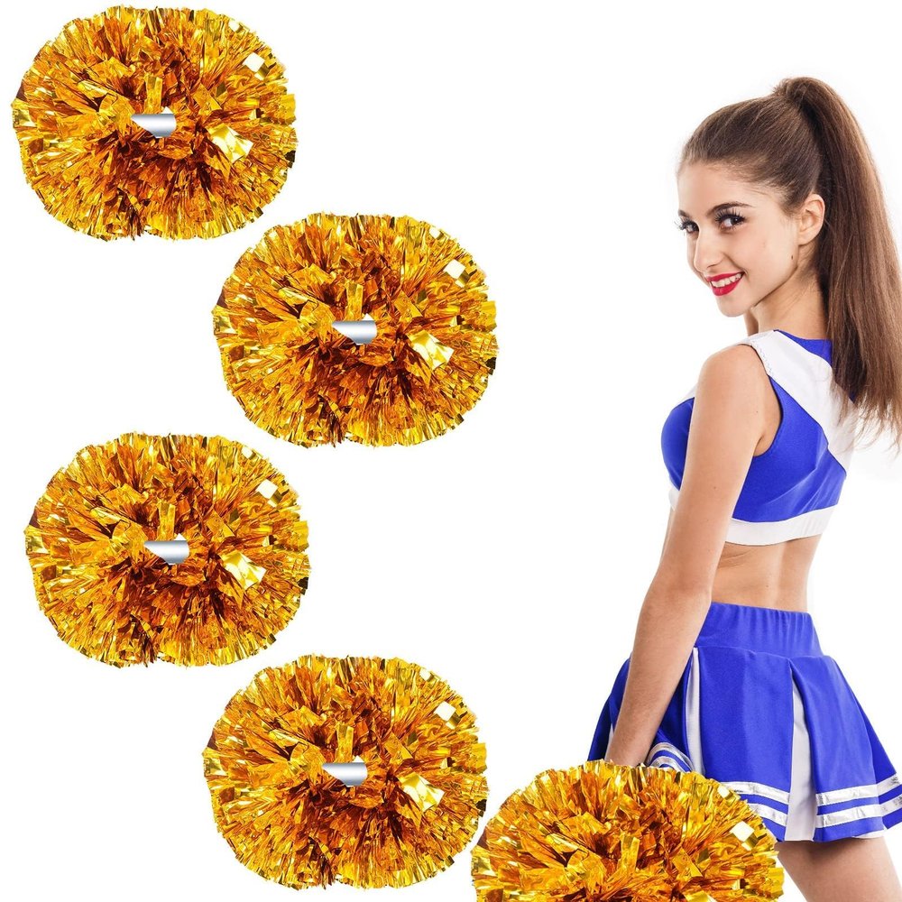 LIQS Pom Poms Cheerleading,Fluffy Cheerleader Pompoms with Plastic Handle,Metallic Pom Poms Cheerleading for Children Adults Sports Competition Holiday Celebration (Golden, 4 Pack)