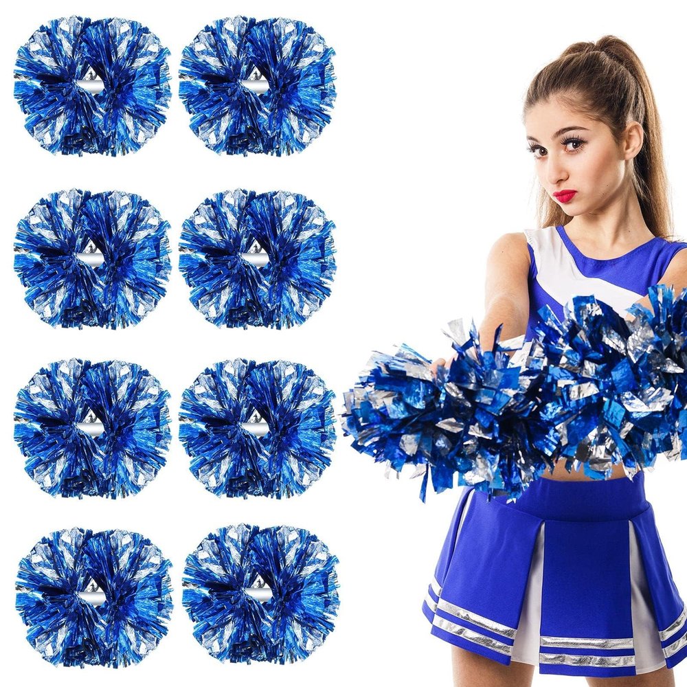 LIQS Pom Poms Cheerleading,Fluffy Cheerleader Pompoms with Plastic Handle,Metallic Pom Poms Cheerleading for Children Adults Sports Competition Holiday Celebration (Blue+Silver, 8 Pack)