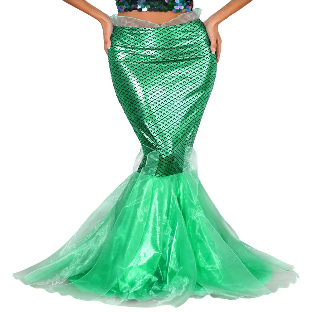 FEESHOW Women's Mermaid Tail Halloween Costumes Party Shiny Sequins Long Skirt D2018#Green X-Large