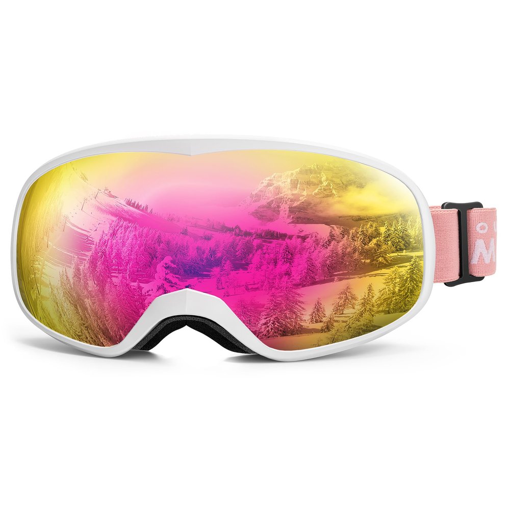 OutdoorMaster Owl Snowboarding Goggles For Glasses OTG Kids UV Protection Anti Fog Ski Goggles(White Frame+VLT 13% Revo Pink)