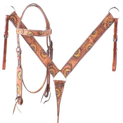 Western Saddle Horse Headstall Bridle Breast Collar Reins Tack Set Leather Floral Tooled Handmade Breastplate ME-HBC-160F Full Size