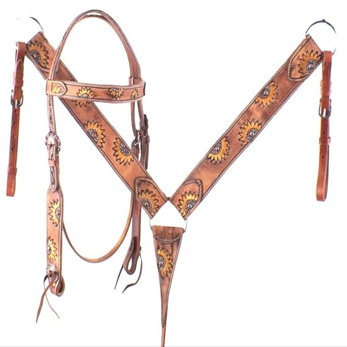 Western Saddle Horse Headstall Bridle Breast Collar Reins Tack Set Leather Floral Tooled Handmade Breastplate ME-HBC-160F Full Size