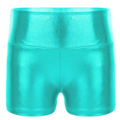 JEATHA Girls Shiny Metallic Booty Shorts Athletic Gymnastic Sports Tumbling Sparkle Glitter Dance Bottoms Blue Green 14