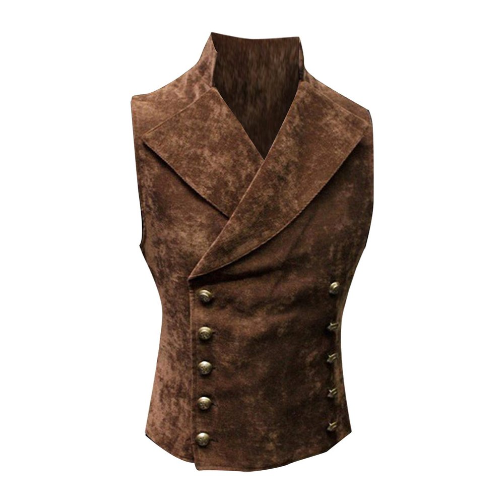 ZYXTIM Oversized Vintage Western Sleeveless Vest Mens Slim Fit Metal Double Breasted Suede Leather Retro Vest with Pockets Brown