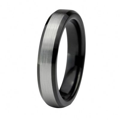 4 mm Engagement Rings Tungsten Carbide for Women Black Silver Color with Beveled Edges Brushed Comfort Fit
