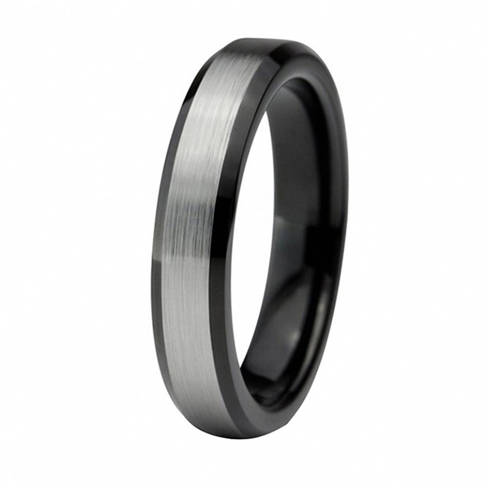 4 mm Engagement Rings Tungsten Carbide for Women Black Silver Color with Beveled Edges Brushed Comfort Fit