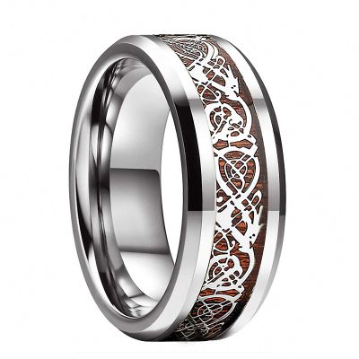 Tungsten Carbide Rings 8 mm for Men Women Wedding Bands Dragon Wood Inlay Comfort Fit Beveled Edges