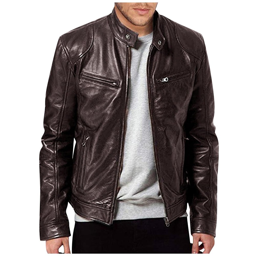 Motorcycle Jacket Winter Jacket Mens Winter Jacket Men'S Leather Jacket Fashion Autumn Winter Warm Casual Leather Zipper Long Sleeve Jacket Coat Brown Large