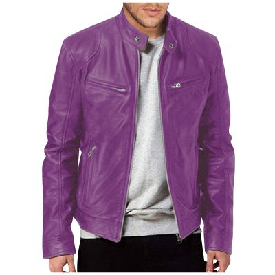 Leather Jacket Men Fall Jackets Work Jackets For Men Leather Jackets For Men Fashion Autumn Winter Warm Casual Leather Zipper Long Sleeve Jacket Coat Purple Large