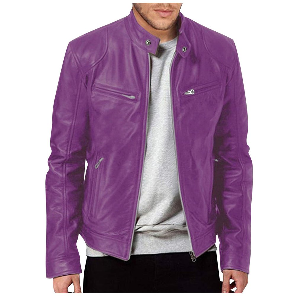 Leather Jacket Men Fall Jackets Work Jackets For Men Leather Jackets For Men Fashion Autumn Winter Warm Casual Leather Zipper Long Sleeve Jacket Coat Purple Large