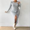 Twist Front Wrap Hem Ribbed Knit Dress - Grey, Elegant, Long Sleeve, High Waist, Slit Hem, Slim Fit (Color : Gray, Size : Medium) view 1