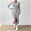 Twist Front Wrap Hem Ribbed Knit Dress - Grey, Elegant, Long Sleeve, High Waist, Slit Hem, Slim Fit (Color : Gray, Size : Medium) view 3