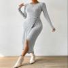 Twist Front Wrap Hem Ribbed Knit Dress - Grey, Elegant, Long Sleeve, High Waist, Slit Hem, Slim Fit (Color : Gray, Size : Medium) view 4