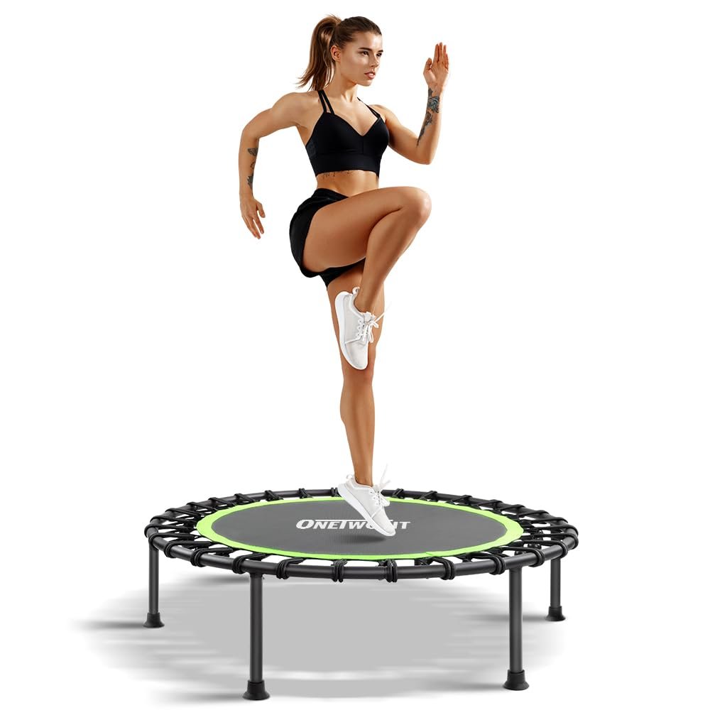 ONETWOFIT 42"/45" Rebounder Trampoline for Adults, Silent Mini Trampoline Indoor Exercise Fitness Trampoline Bungee Rebounder Workout Max Load 330lbs (45IN-Blue-with-Handle)