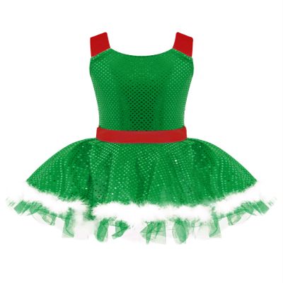 Moggemol Kids Girls Sequins Striped Tutu Dance Dress Figure Skating Dress Christmas Party Candy Cane Costume F#Green02 12