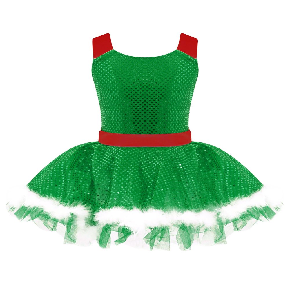 Moggemol Kids Girls Sequins Striped Tutu Dance Dress Figure Skating Dress Christmas Party Candy Cane Costume F#Green02 12