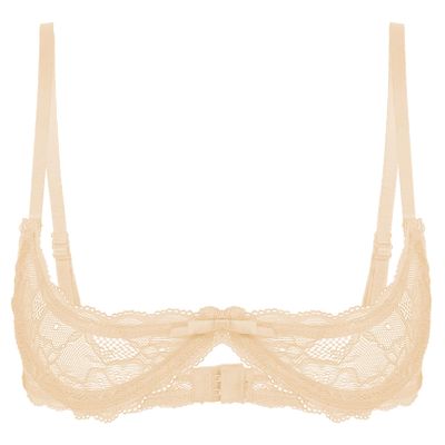 ACSUSS Womens Lace Sheer Lingerie 1/4 Cups Bare Exposed Breast Underwire Push Up Bra Tops Nude Large